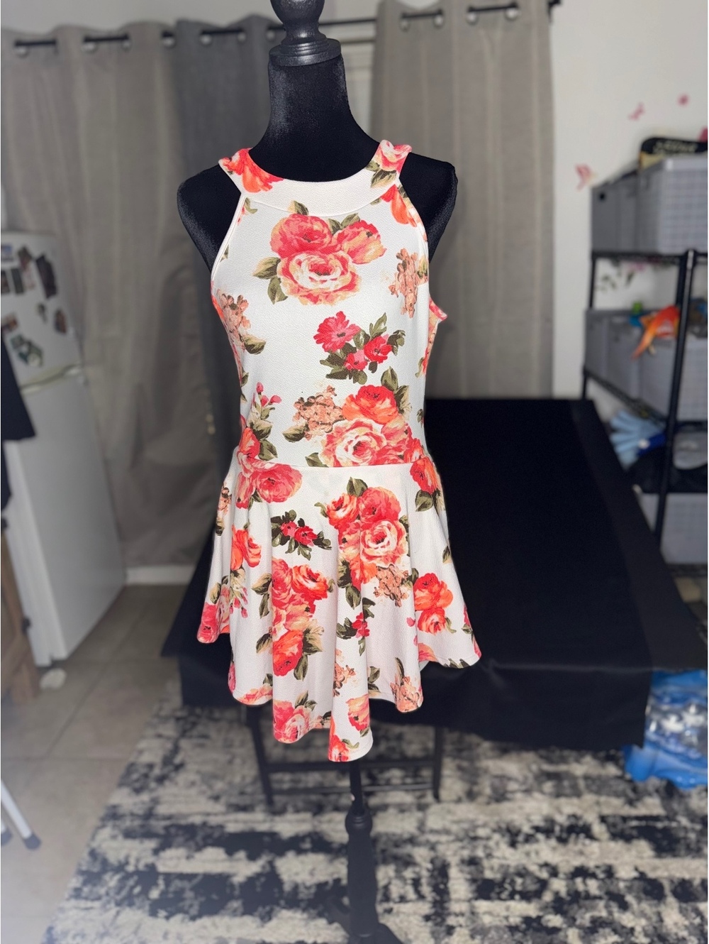 Blue S Floral Sleeveless Skater Dress with Open Back